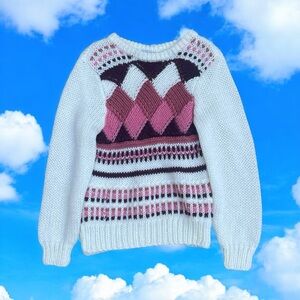 Vintage Chic Argyle Knit Sweater - Pink, White, and Brown